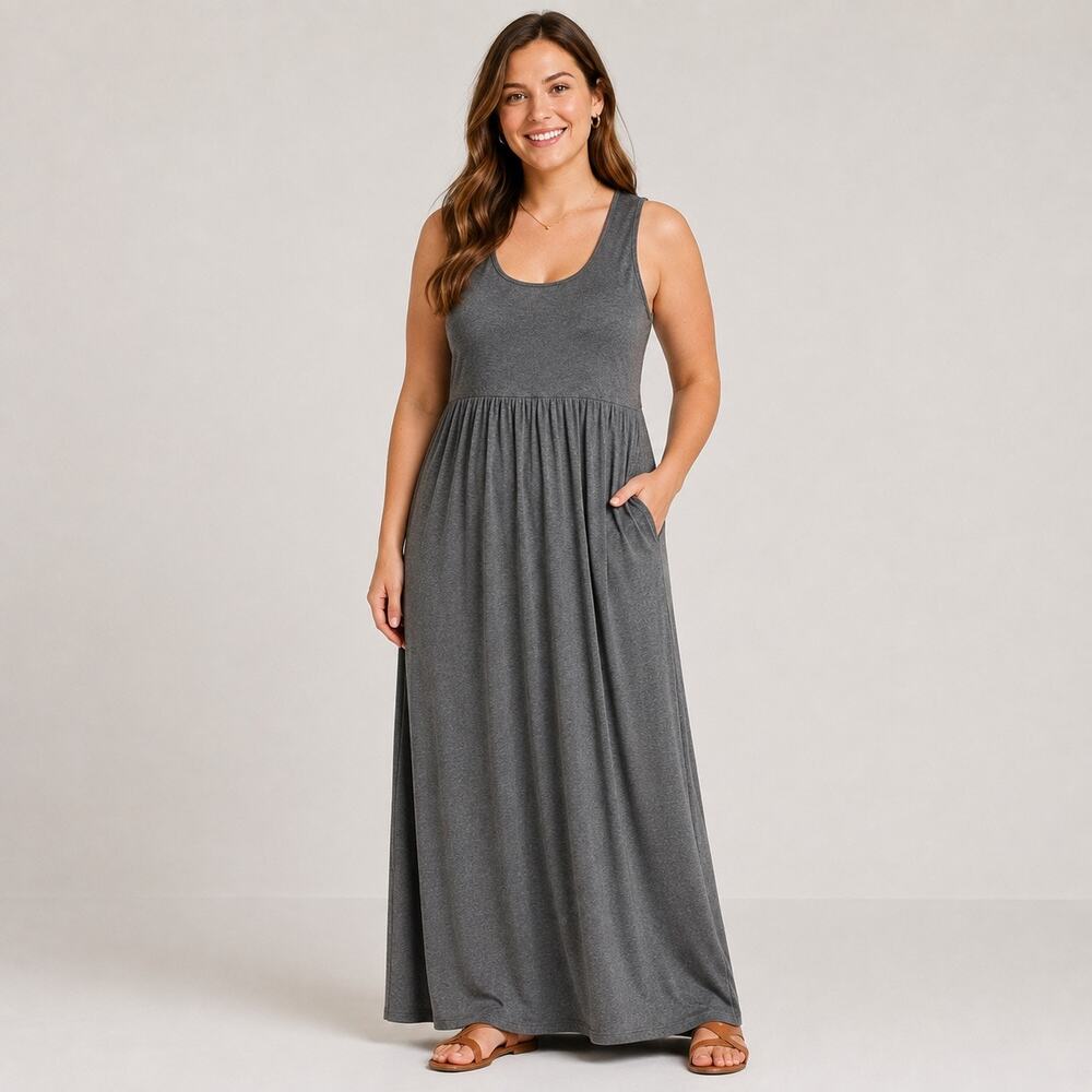 Annabelle Womens Maxi Dress 2XL Gray Sleeveless Tank Pockets Elastic Waist